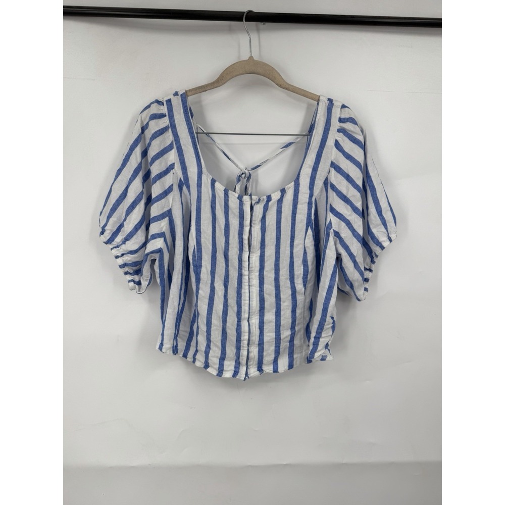 Torrid Plus Size Striped Crop Puff Shoulder Top Women 2X White Blue Preppy Beach - Picture 2 of 11